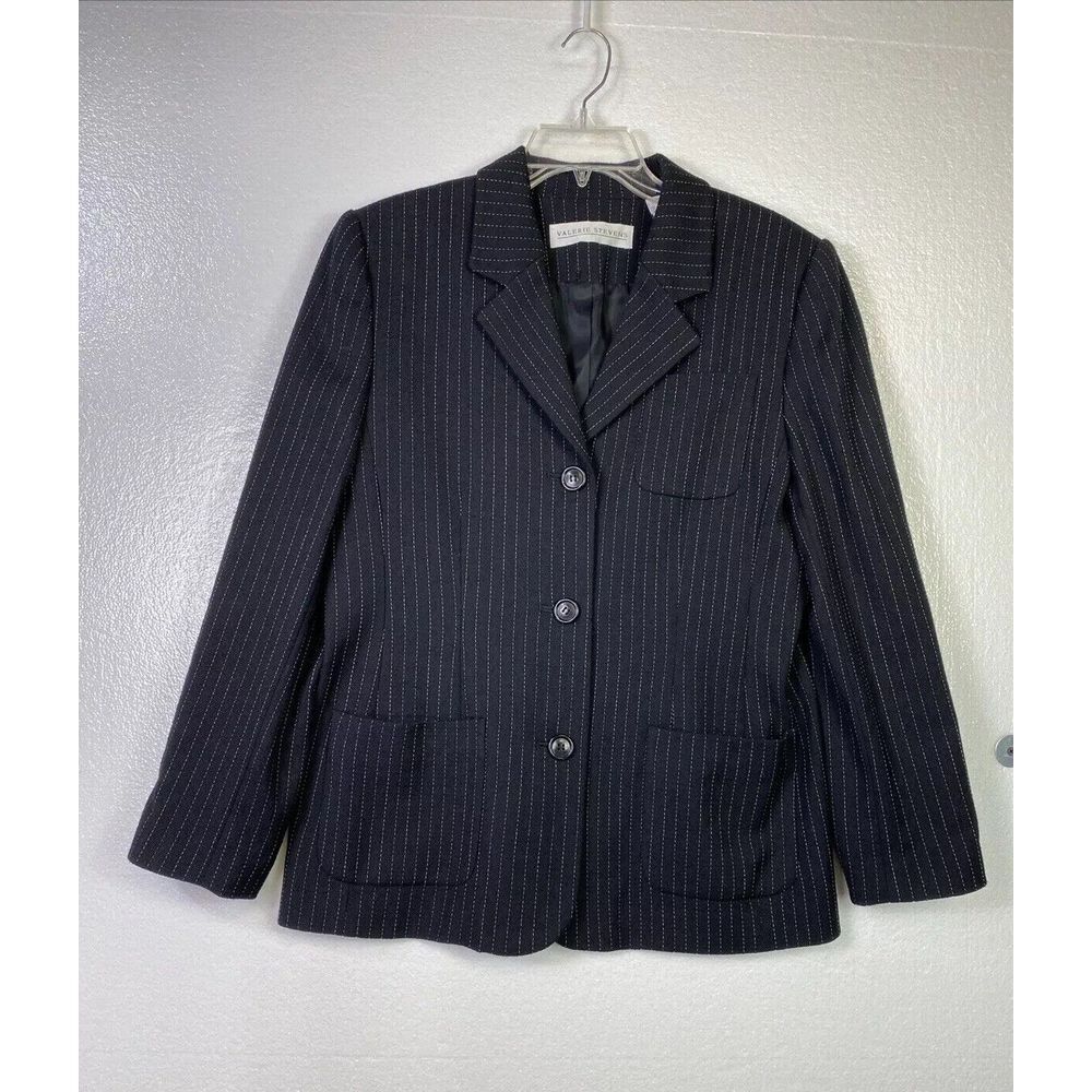 Valerie Stevens Womens Wool Blazer Jacket 8 Black Stripe 3 Button Pockets Career